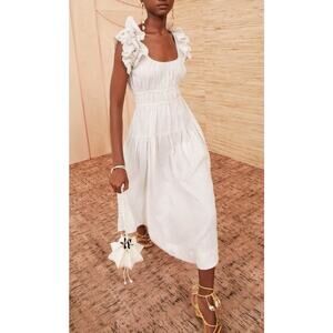 Ulla Johnson Striped 100% Linen White and Cream Ruffle Sand Rissa Midi Dress 0